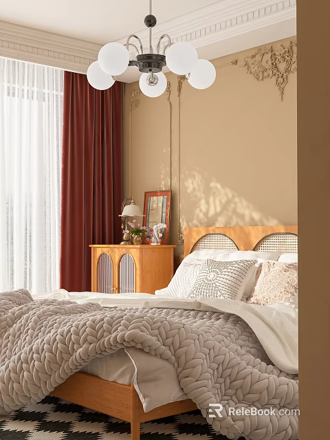 Cozy Bedroom Interior with Wooden Headboard Gray Quilt Pillows Red Velvet and White Sheer Curtains 3d model 