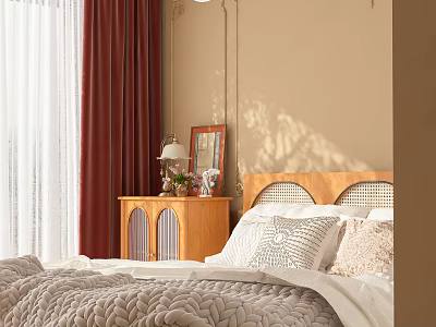 Cozy Bedroom Interior with Wooden Headboard Gray Quilt Pillows Red Velvet and White Sheer Curtains 3d model