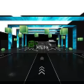 Modern Vehicle Showroom With Blue Large Screens White Cube Lights And Floor Arrows