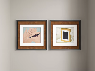 Abstract Paintings Framed Hanging On Wall With Hands Holding Pen And Picture Frame 3d model