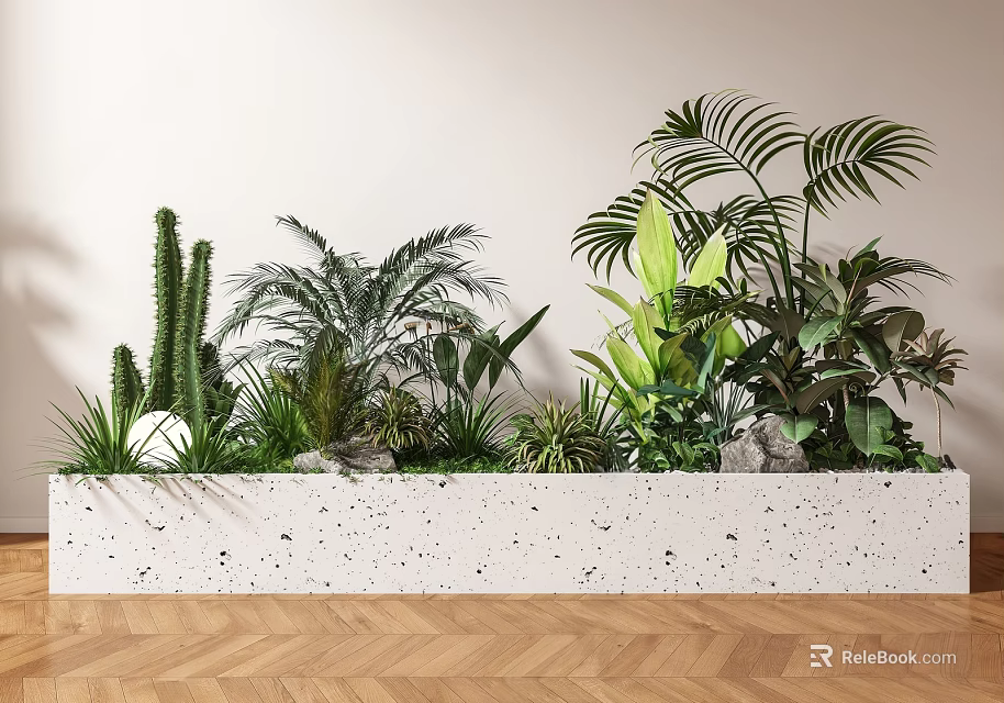 Indoor Bonsai and Potted Plants in White Terrazzo Planter with Various Green Foliage 3d model 