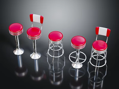 Red Bar Stools With White And Red Backs Metal Spiral Frames On Black Reflective Surface 3d model