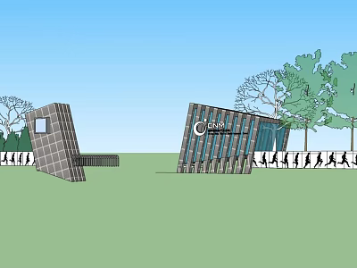 Contemporary Architectural Entrance Gate With Glass Panels Trees And Pedestrians 3d model