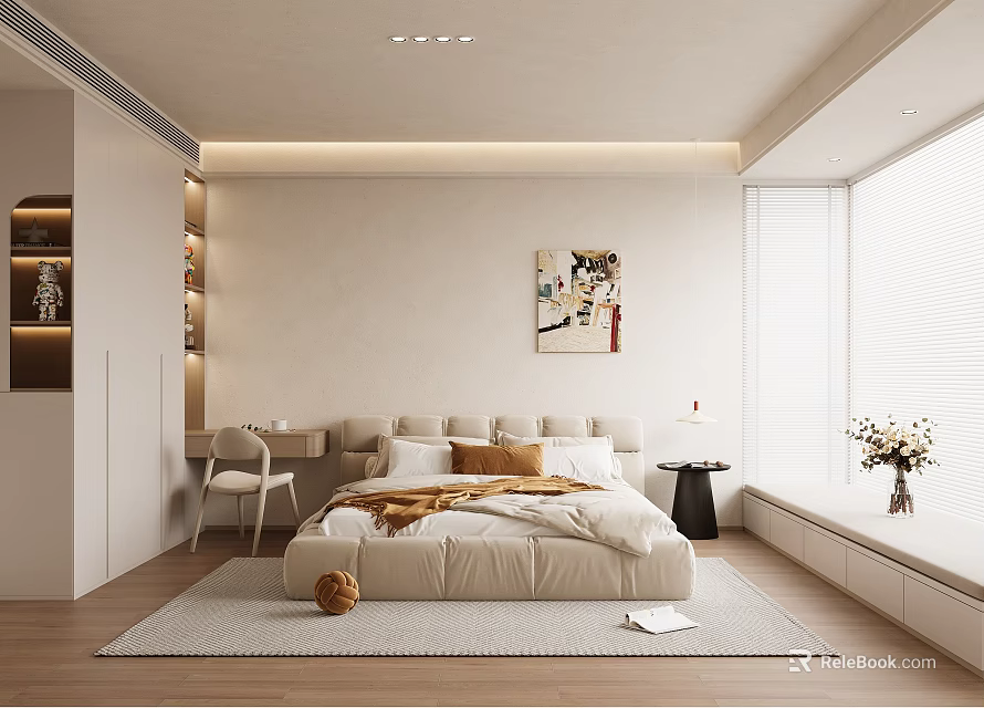 Elegant Modern Bedroom Interior With Beige Bed Nightstand Desk Chair Window Rug And Wooden Floor 3d model 