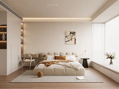 Elegant Modern Bedroom Interior With Beige Bed Nightstand Desk Chair Window Rug And Wooden Floor 3d model