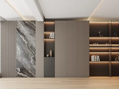 Elegant Modern TV Wall Design With Marble Texture Wooden Cabinets And Strip Lighting 3d model