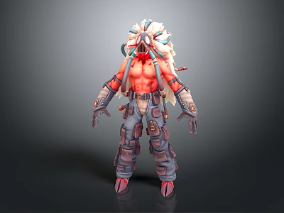 Game Movie Character Red Skinned Warrior with Ornate Feathered Headdress and Armored Gear 3d model