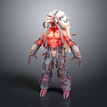 Game Movie Character Red Skinned Warrior with Ornate Feathered Headdress and Armored Gear