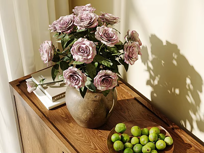 Vase with Purple Roses on Wooden Cabinet and Green Fruits Book White Curtains Sunlight Shadows 3d model