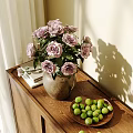 Vase with Purple Roses on Wooden Cabinet and Green Fruits Book White Curtains Sunlight Shadows