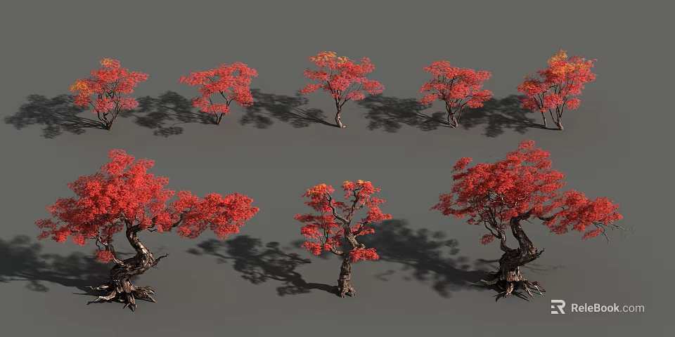 Red Leaf Trees with Various Shapes Casting Natural Shadows on Gray Background 3d model