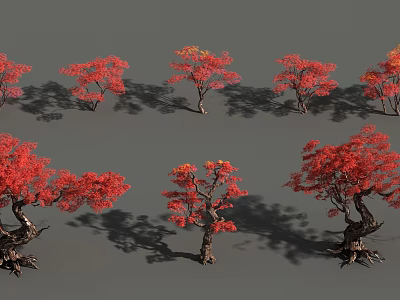 Red Leaf Trees with Various Shapes Casting Natural Shadows on Gray Background 3d model