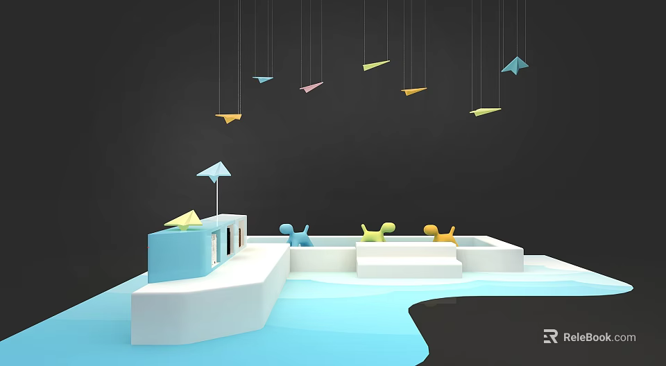 Colorful Paper Planes Hanging Over White Blue Platforms With Small Umbrella And Chairs 3d model 