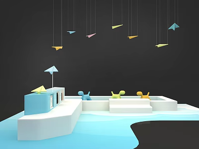 Colorful Paper Planes Hanging Over White Blue Platforms With Small Umbrella And Chairs 3d model