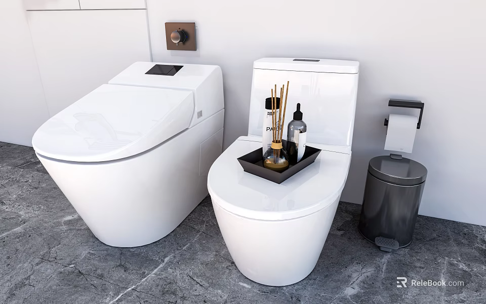 Modern Bathroom Toilets With Open Seat Tray And Fragrance Items Near Trash Bin 3d model 