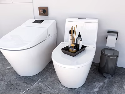 Modern Bathroom Toilets With Open Seat Tray And Fragrance Items Near Trash Bin 3d model