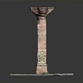 Ancient Carved Column With Ornate Top Square Base And Green Spotted Textured Platform