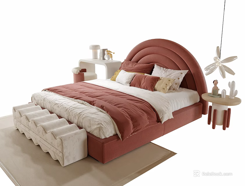 Cozy Kids Bed with Red Arched Headboard Soft Pillows Step Stool and Side Table 3d model