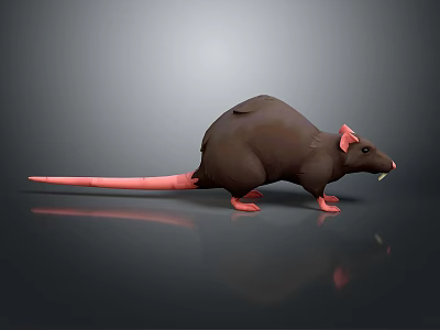 3D Model of Brown Rat With Pink Tail Ears Paws on Dark Background With Reflection 3d model