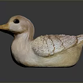 Light Pink Duck Sculpture with Textured Wings and Yellow Beak on Dark Background with Reflection