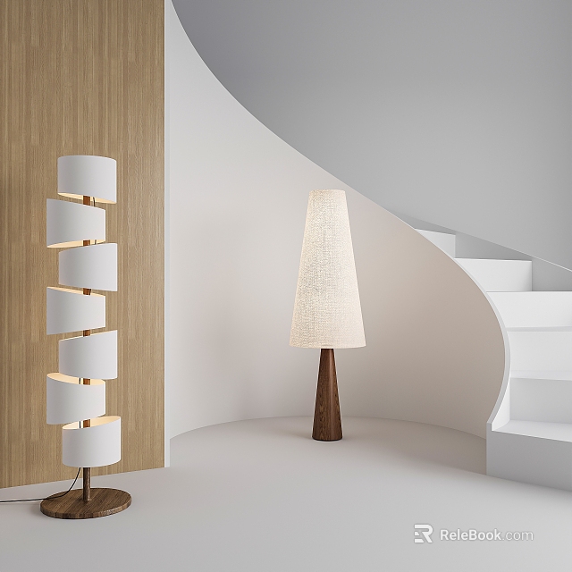 Modern Floor Lamps With Spiral Design And Woven Conical Shade By Wooden Wall And Staircase 3d model 