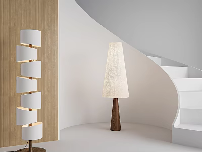 Modern Floor Lamps With Spiral Design And Woven Conical Shade By Wooden Wall And Staircase 3d model