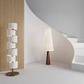Modern Floor Lamps With Spiral Design And Woven Conical Shade By Wooden Wall And Staircase
