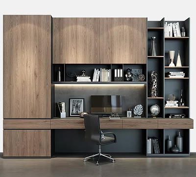 Modern Minimalist Home Office Desk With Wooden Bookshelves Computer And Decorative Items 3d model