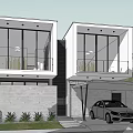 Modern Single Family House Exterior Featuring Large Glass Windows Garage Car And Surrounding Trees
