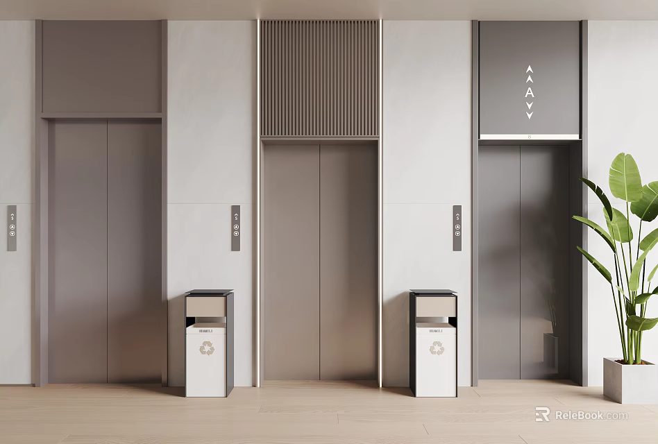 Modern Elevator Interior With Silver Doors Gray Walls Trash Bins And Green Plant 3d model 