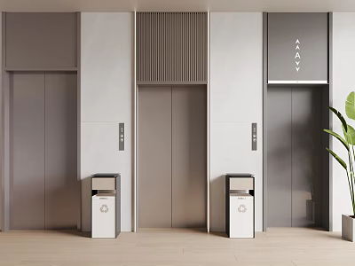 Modern Elevator Interior With Silver Doors Gray Walls Trash Bins And Green Plant 3d model