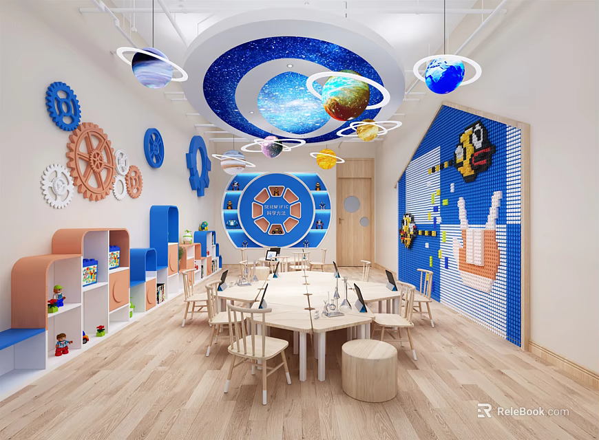 Colorful Kindergarten Classroom Interior Design With Planets Ceiling Gear Decorations Tables And Chairs 3d model