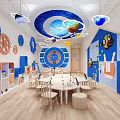 Colorful Kindergarten Classroom Interior Design With Planets Ceiling Gear Decorations Tables And Chairs 3d model