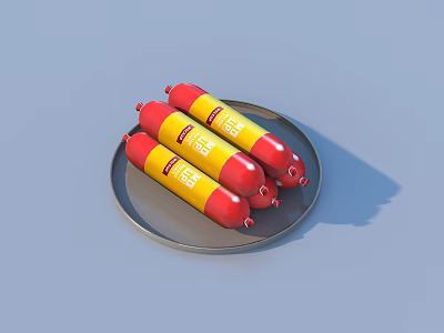 Delicious Sausages on a Plate with Red and Yellow Packaging 3d model