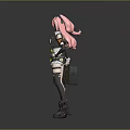 Game Movie Female Character With Pink Hair Horns Black White Outfit Holding Black Case Boots