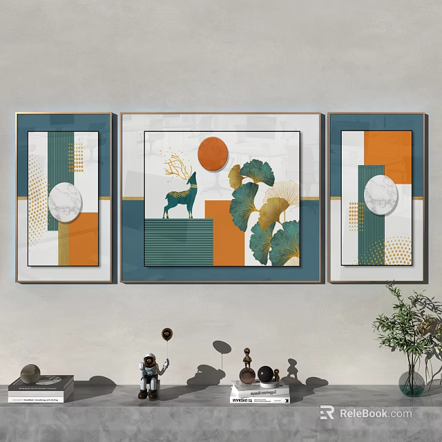 Three Panel Modern Decorative Wall Art With Deer Ginkgo Leaves And Geometric Patterns 3d model