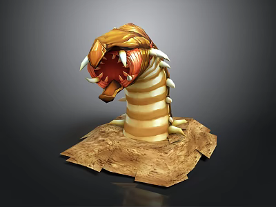Fierce 3D Monster Model With Orange Yellow Stripes Open Mouth Sharp Fangs on Dirt Base 3d model