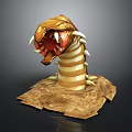 Fierce 3D Monster Model With Orange Yellow Stripes Open Mouth Sharp Fangs on Dirt Base