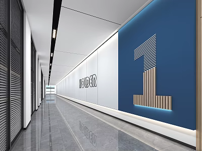 Modern Office Corridor With Blue White Wall Design ORDER Lettering And Architectural Decor 3d model