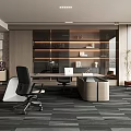 Modern Office Interior Design With Desk Chair Bookshelves And Floor to Ceiling Windows