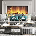 Elegant Living Room Interior With Gray Walls Circular Chandelier Fireplace And Green Cushioned Sofa