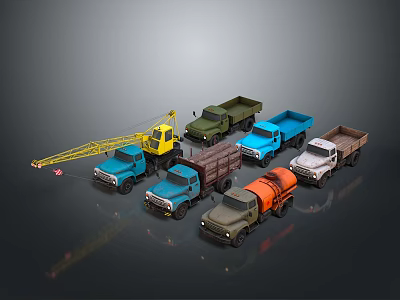 Various Types of Colored Construction Trucks Including Crane Dump And Tanker Models 3d model