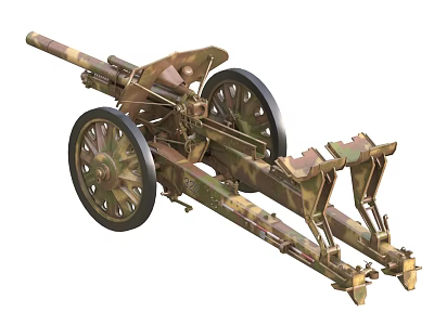 Vintage Military Artillery Weapon With Large Wheels Camouflage Paint And Cannon Barrel 3d model