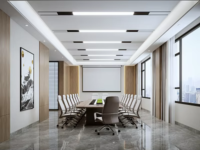 Modern Conference Room With Long Table Chairs Whiteboard Large Windows City View And Decorative Painting 3d model