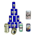 Beer Cans Stacked In Pyramid With Various Brands And Different Labels