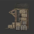 Rustic Wooden Shed Structure With Sloped Roof And Stacked Hay Bales