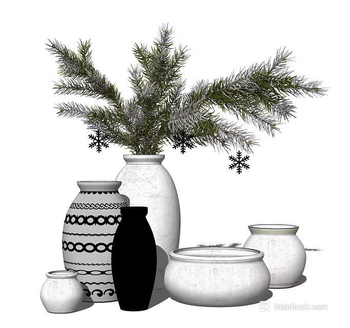 Decorative Vases With Pine Branches And Snowflakes In Various Designs 3d model 
