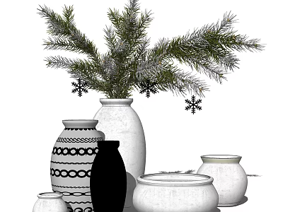 Decorative Vases With Pine Branches And Snowflakes In Various Designs 3d model