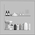 White Kitchen Cabinet With Shelves Featuring Coffee Maker Kettle Bottles Dishes And Wine Glasses
