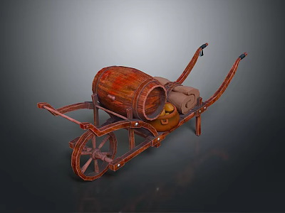 Traditional Wooden Cart With Brown Barrel And Cloth Bundles On Dark Surface 3d model